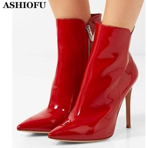ASHIOFU New Handmade Ladies High Heels Boots Patent Leather Pointed-toe Ankle Booties Evening Sexy Club Fashion Short Boot Shoes