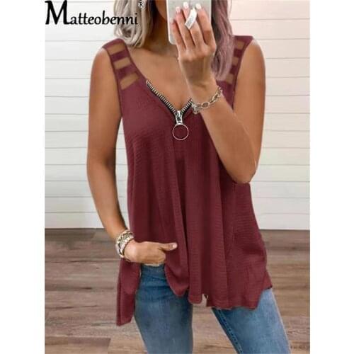 Sleeveless Women T-Shirts Zippers V-Neck Fashion Tee Summer High Street Black Tops Hollow Out Female T-Shirt Plus Size 3XL Tops