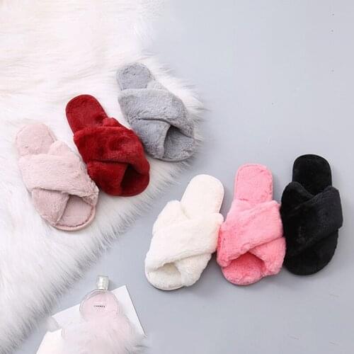 2021 Winter New Women Soft Plush Furry Cross Band 1.5cm Heel Fur Shoes Indoor Ladies Platform Open Toe Fluffy House Slippe Pink