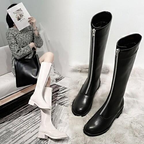 2021 Autumn And Winter New Black And White Two-Color Knee-Length Microfiber Thick-Soled Stretch Long Boots Womens Fashion Highs