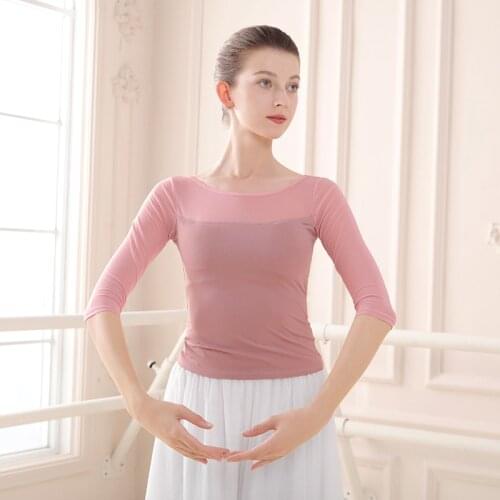 Women Ballet Top Adult Practice Clothes See Through Mesh Tops 3/4 Sleeve Folk Dance Sport Yoga T-Shirt Classical Dance Costume