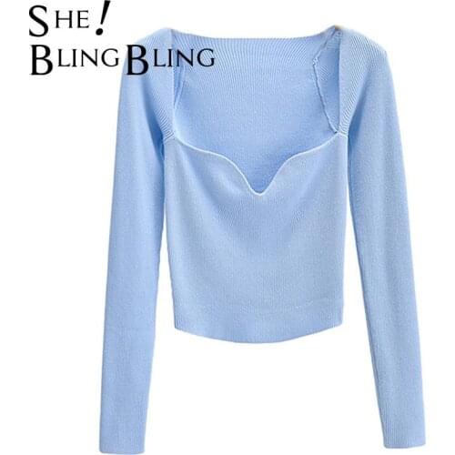SheBlingBling 2021 Ladies Pure Color Thin Sweater Long Sleeve Elegant Office Ladies knitted Pullover Top Heart Neck Dropshipping