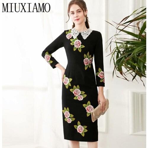 MIUXIMAO 2021 Spring Summer Womens New Lace Stitching Flower Embroidery Long Sleeve Elegant Black Casual Dress Vestidos