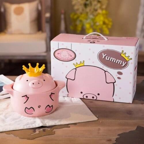 1L Pink Cartoon Ceramic Binaural Stewpan Soup pot Slow cooker Casserole Spodumene High temperature resistance 19.3x14.5cm