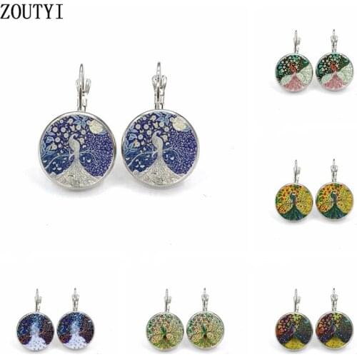 2019/New fashion floral peacock graphic earrings, convex glass inlay earrings, ladies wear earrings jewelry gifts