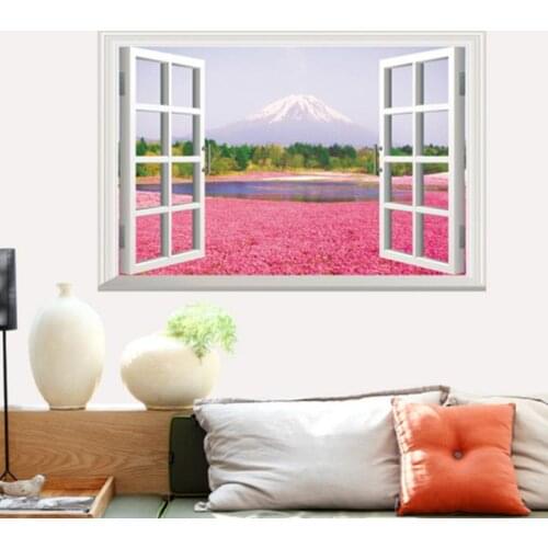 3D Fake Window Wall Stickers Muraltree Wall Stickers DIY Art Vinyl Red Flowers Rivers Hills Mural Wall Decal For Home Decoration