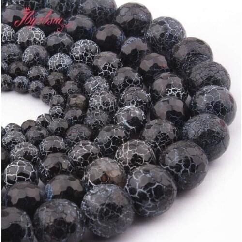 Natural Round Fire Agtaes Black Faceted Cracked Bead 6/8/10/12mm Stone Beads For DIY Necklace Bracelet Jewelry Making Strand 15"