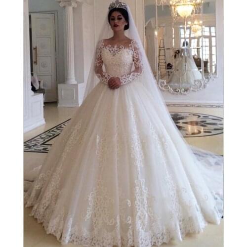 Saudi Arabia Elegant Ball Gown Princess Wedding Dress Long Sleeve Lace Applique Tulle Wedding Gowns 2021 Vestido De Noiva