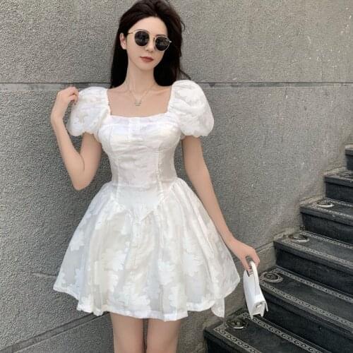 French Vintage Sweet Lolita Dress Elegant Puff Sleeve Kawaii Soft Girl Party Mini Dress Summer Women High Waist Slim Dress 2021