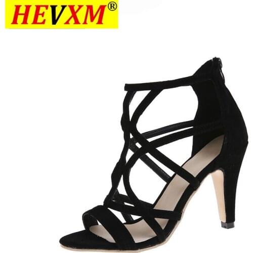 HEVXM Women Sandals Female Fashion Summer Sandalias Fashion Sandales High Heel Zip Black Basic Women Shoes Plus Size 41 42