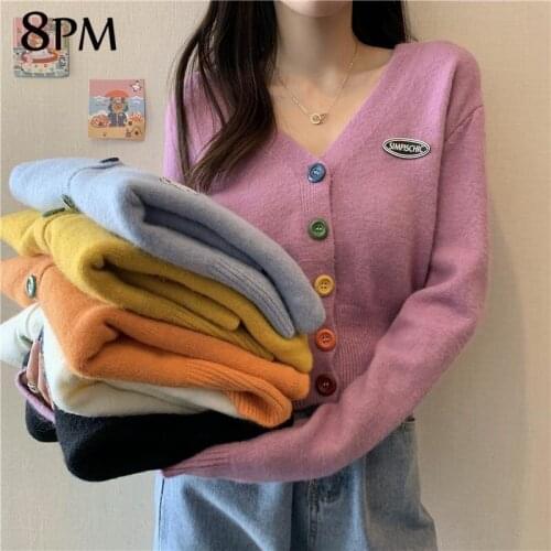 Fall Korean Sweet Cardigan Sweater Womens V Neck Single Breasted Long Sleeve Cardiga Sweet Knit Coat Short Cardigan ouc1208