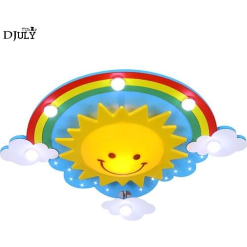 Creative wood Sun rainbow cloud led ceiling lamp for children bedroom living room cartoon nursery remote control light fixtures