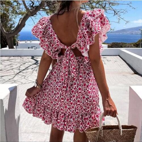 Summer Sexy Backless Lace-up Ruffled Sleeve Short Dress Women Casual V-neck Holiday Beach Mini Dress Printed For Women Clothes