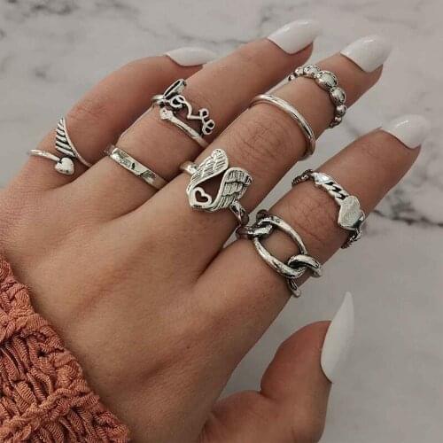 8 Pcs/Set Bohemian Women Rings Set Exquisite Wing Love Letter Round Chain Silver Color Joint Ring Lady Fashion Bar Jewelry