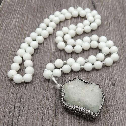 Natural Crystal Druzy Paved With CZ Pendants Necklaces 8mm Tridacna Round Pearl Beads Knot Handmade 30inch And 40inch