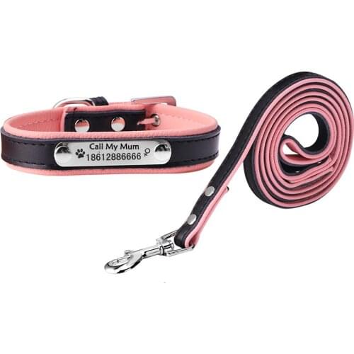 Soft Leather Dog Personalized Collar Free Name and Phone Number Small Medium Big Dog Name Collar and Leash Lead Set