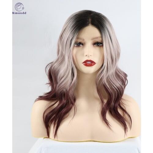 Wmandd 16 Inches Body Wave Synthetic Lace Front Wigs Ombre Black Red Wine Middle Part Hair Wigs For Women Daily Cosplay Party