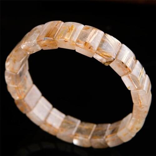 Genuine Brazil Natural Gold Rutilated Quartz Crystal Rectangle Beads Stretch Charm Bracelet For Women