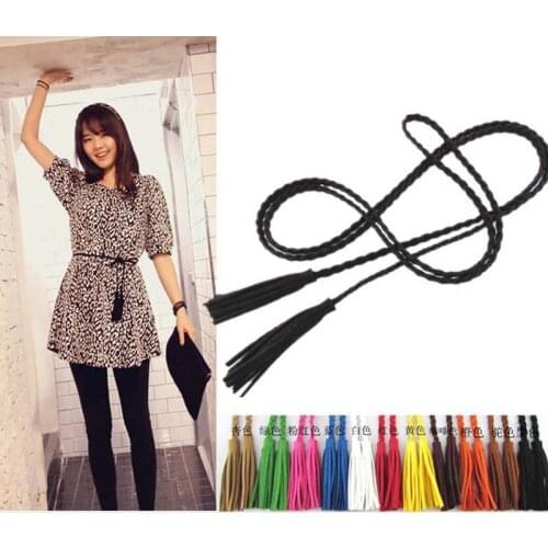 Fashion Designer Hand-knit Long Pu Leather Braid Belt String Band with Tassel Casual Partty Dress Belts for Women Girl