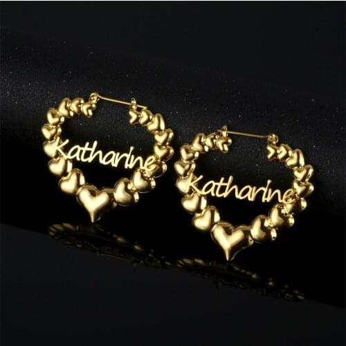 HIPGHOST Custom Personalized Bamboo Hoop Earrings for Women Girls Customized Charm Gold Heart-shaped Earrings Statement Jewelry