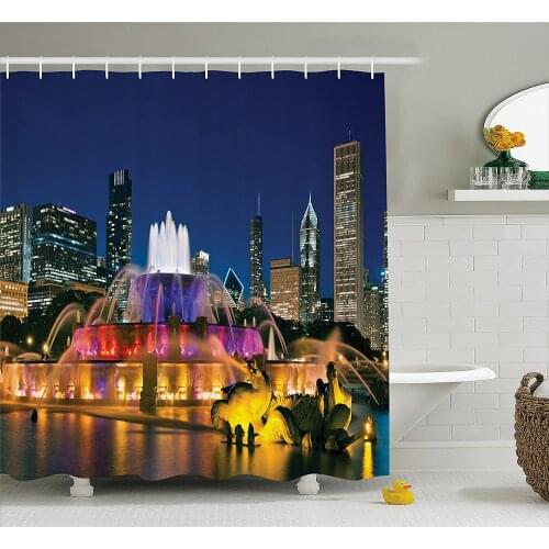 Chicago Skyline Shower Curtain Buckingham Fountain Landmark in The Center of Grant Park Vibrant Night Waterproof Bath Curtains