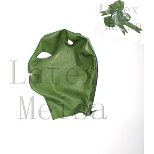 Adults green latex catsuit hoods open eyes & nostrils & mouth with bowknots and attached back zip