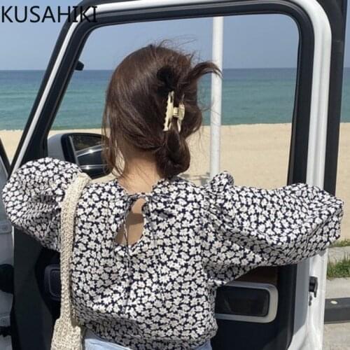 KUSAHIKI Korean Floral Womens Tops and Blouses Sweet Puff Sleeve Blusas Mujer De Moda Bow Tie Hollow-out O-neck Shirt 6G592