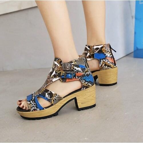 Fashion Snake Print Style Platform Sandals Women Open Toe Zip Comfortable Thick Bottom High Heels Gladiator Shoes Size 43 F89-1