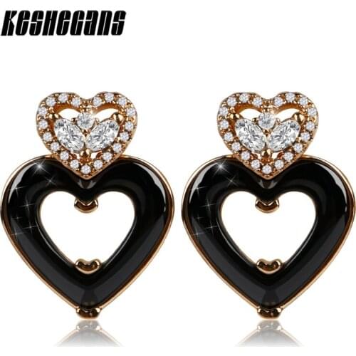 New Design Double Heart Stud Earrings Rose Gold With Black White Ceramic Crystal For Women Girl Wedding Party Fashion Jewelry