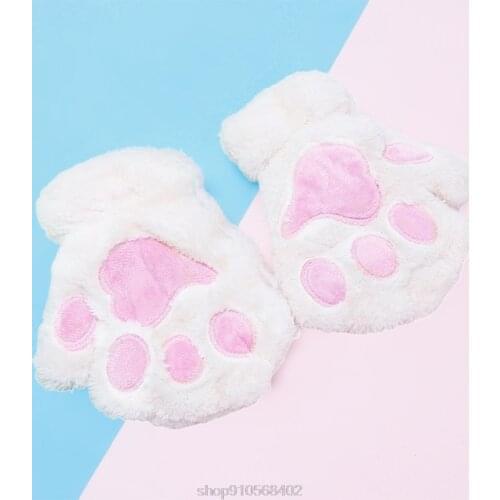 Women Winter Warm Half Finger Gloves Cute Cat Paw Embroidery Anime Kitten Thicken Fuzzy Plush Fingerless Mittens D02 12 Dropship