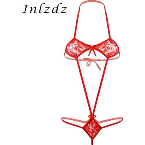 Womens Erotic Sexy Bodysuit Floral Lace Bowknot Micro Bikini Bodysuit One-Piece Halter Neck Monokini Swimsuit Lingerie Nightwear