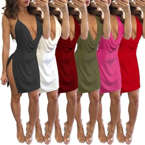 2021 summer solid color white wine red backless strap dress side open deep V-neck sexy dress temperament mini dress