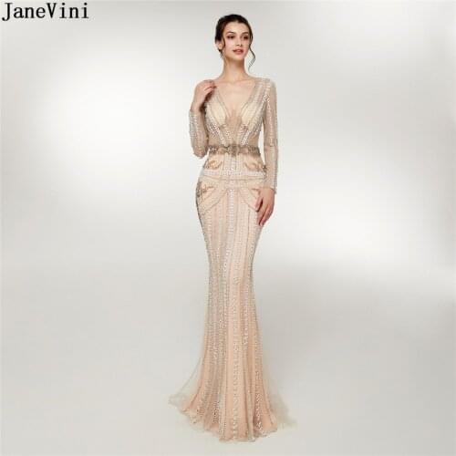 JaneVini Luxury Mermaid Mother of The Bride Dresses Sexy V Neck Long Sleeves Full Beading Saudi Arabia Women Evening Party Gowns