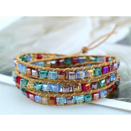 2020 Exclusive Leather Bracelet Brown Leather Rainbow Crystal Beads Mix 1 2 3 Strands Men and Women Wrap Bracelet Gift Jewelry