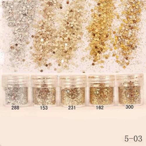 5 Boxes in 1 one set 10ml Champagne Silver Nail Dust Shimmer Nail Glitter Powder Nail Sequins Decoration Hexagon Nail Glitter