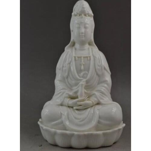 8.26 "Exquisite Chinese Dehua White Porcelain Kwan-yin Sitting on Lotus Buddha Statue