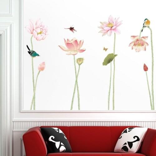 Watercolor Ink Lotus Flower Wall Sticker for Living Room Bedroom Decoration Vinyl PVC Decal Art Wallpaper