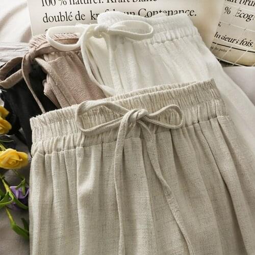 Vintage 2021 Summer Women Fashion High Waist Cotton Linen Thin Casual Wide Leg Pants Elastic Waist Straight Trousers