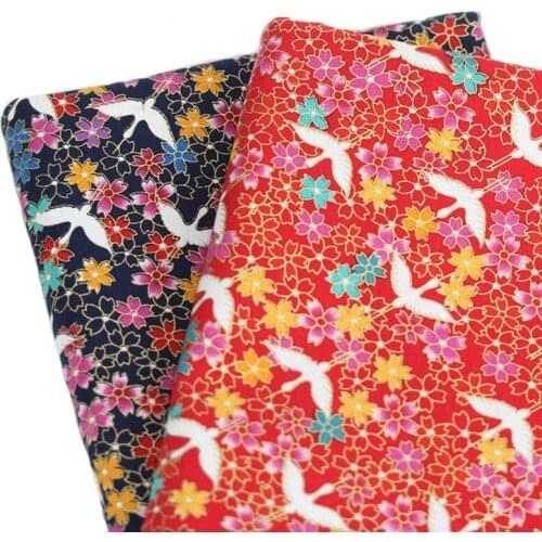 NAVY RED Japanese Style Yellow Blue Cherry Blossom Flower Crane 100% Cotton Bronzed Fabric for Craft Quilt Handwork Decor Bag
