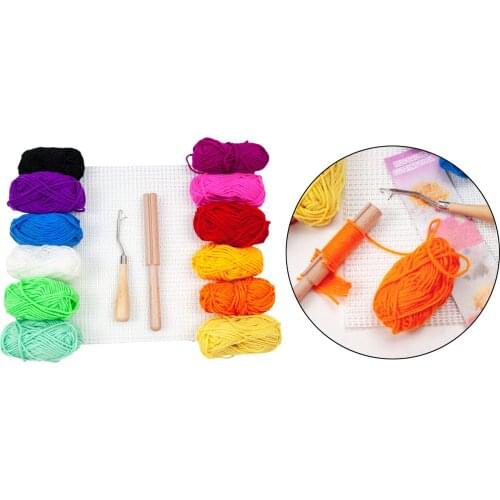 DIY Rug Latch Hook Rug Kits Blank Rug Hooking Mesh DIY Needle Craft Rug 12 Color Yarn with Wooden Bent Latch Needle Hook Tool