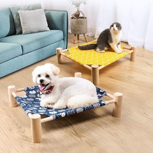 Cat House Lounge Bed for Small Dogs Cats Pet AccessoriesSimple Wooden Canvas Cat Bed Elevated Cat Hammocks Bed Wood