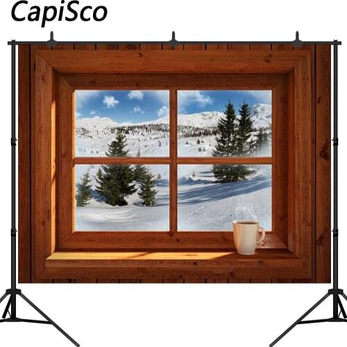 Capisco Photography Backdrop window Pine Tree Forest Snow Covered Landscape Nature Winter Scene Background Photo Studio Props