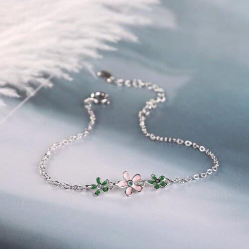 Drip Glaze Flowers Daisy Leaves Sweet Fresh 925 Sterling Silver Temperament Female Literary Trendy Resizable Bracelets SBR095