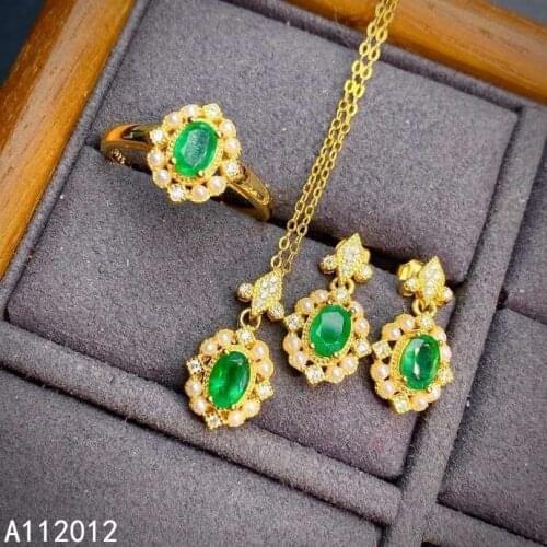 KJJEAXCMY fine Jewelry 925 sterling silver inlaid natural Emerald luxury pendant ring earring set support test Chinese style