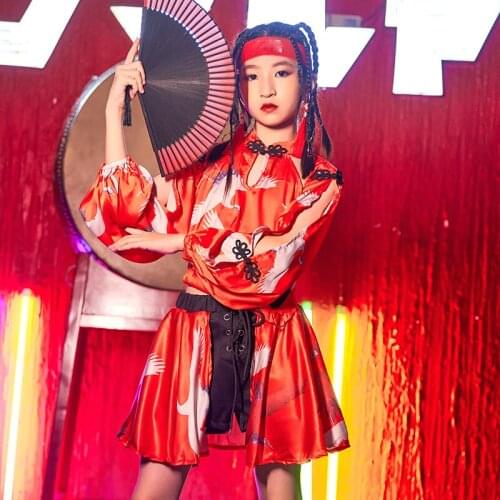 Chinese Style Girls Jazz Dance Performance Costumes Red Skirt Outfits Children Hip-Hop Modern Dance Clothes Stage Outfits DN9834