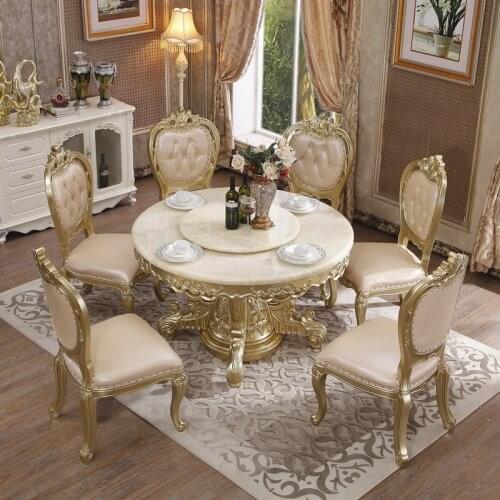 European-style Round Table Solid Wood Villa Luxury Dining Table Champagne Golden Villa High-end Rotating with Turntable