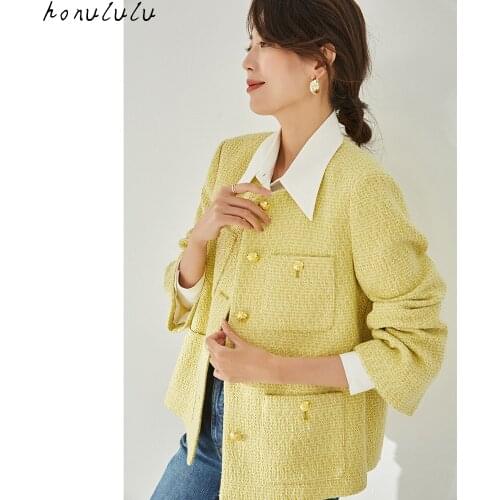 2021 autumn and winter new loose pocket trumpet sleeves light yellow cotton feeling temperament small fragrance jacket women