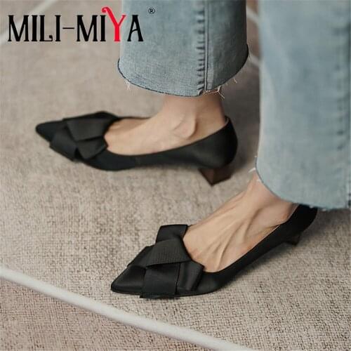 MILI-MIYA New Arrival Women Cotton Fabric Pointed Toe Pumps Low Square Heels Butterfly Knot Slip On Size 34-40 Shoes For Ladies