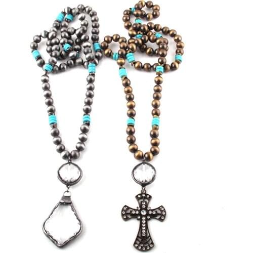 MOODPC Fashion Bohemian Tribal Jewelry Wire Drawing CCB Long Knotted Dorp Cross Pendant Necklaces Dropship
