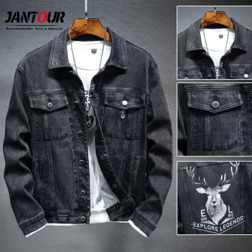 Jantour Men Jacket Animal Print Erkekler Ceket Ropa Hombre Retro Fashion Turn-Down Collar Thicken Biker Streetwear Denim Jacket